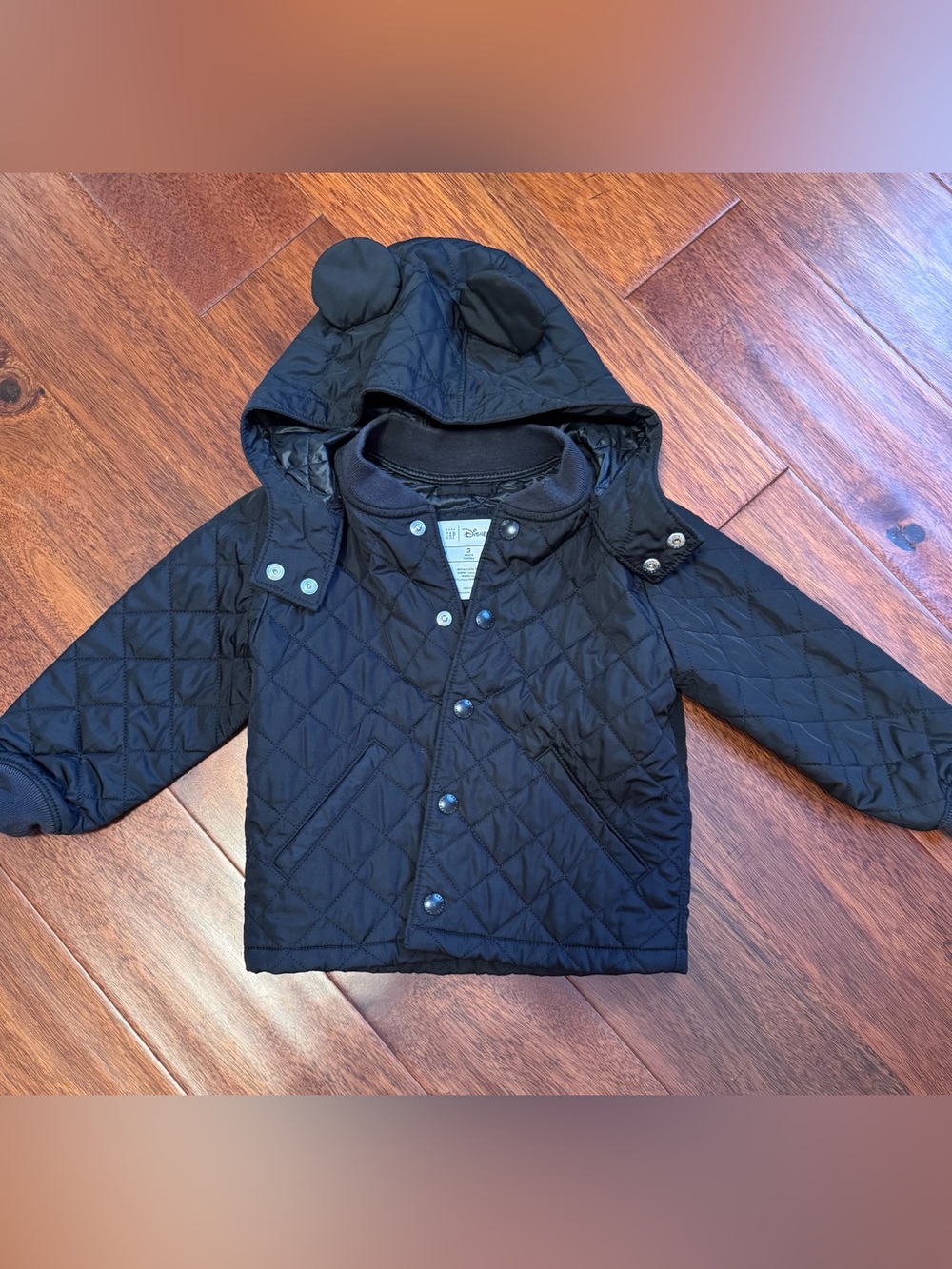 Mickey Mouse GAP Black Quilted Hooded Puffer Jacket with Ear Detail